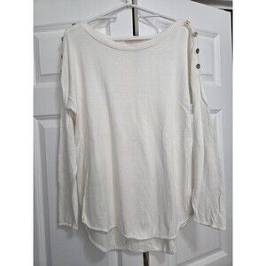 Michael Kors Pullover Sweater with Button Shoulder Accent, White, Women's L/XL